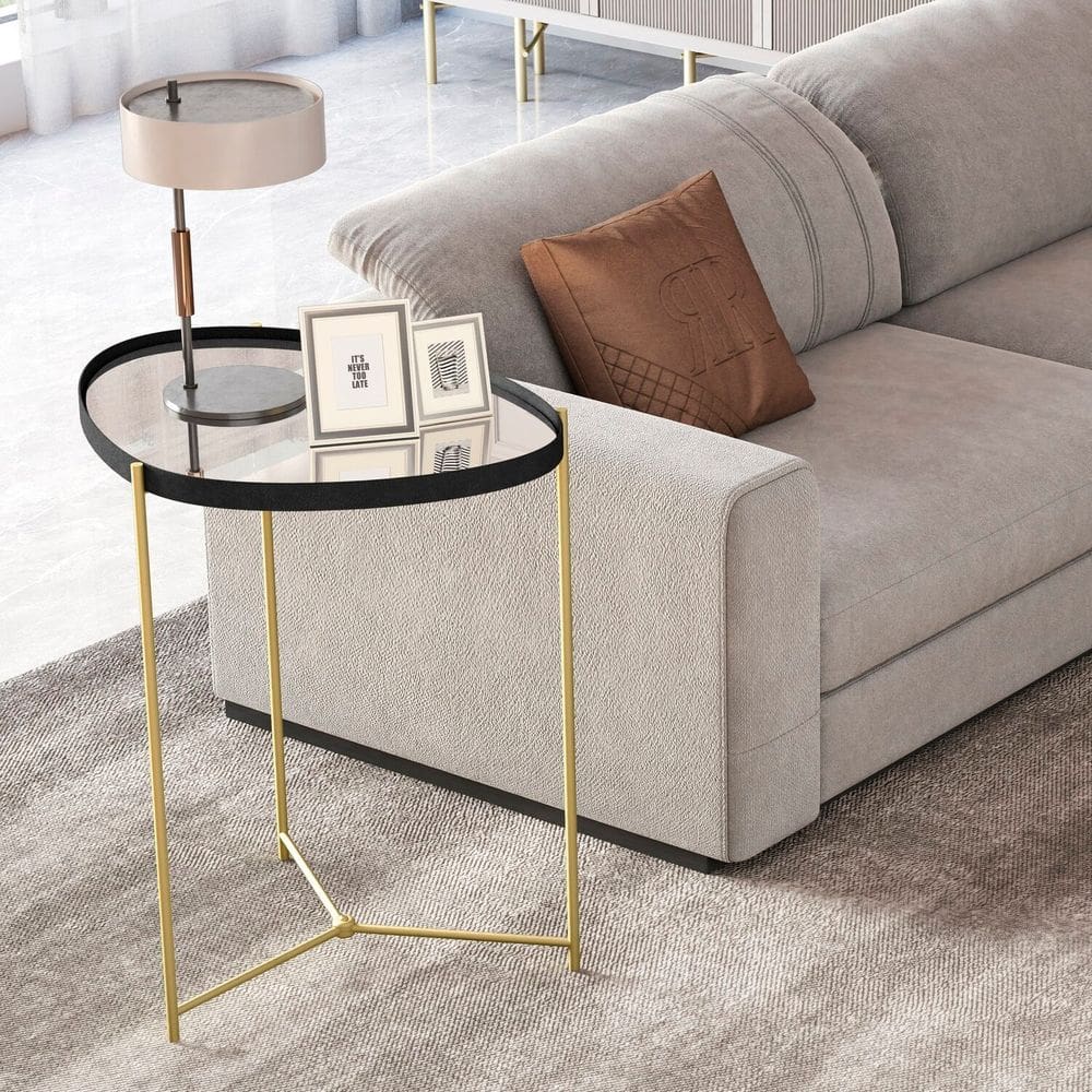 Mesa Lateral com Borda em Couro Sintético com Espelho e Pés em Ferro Preto/Dourado