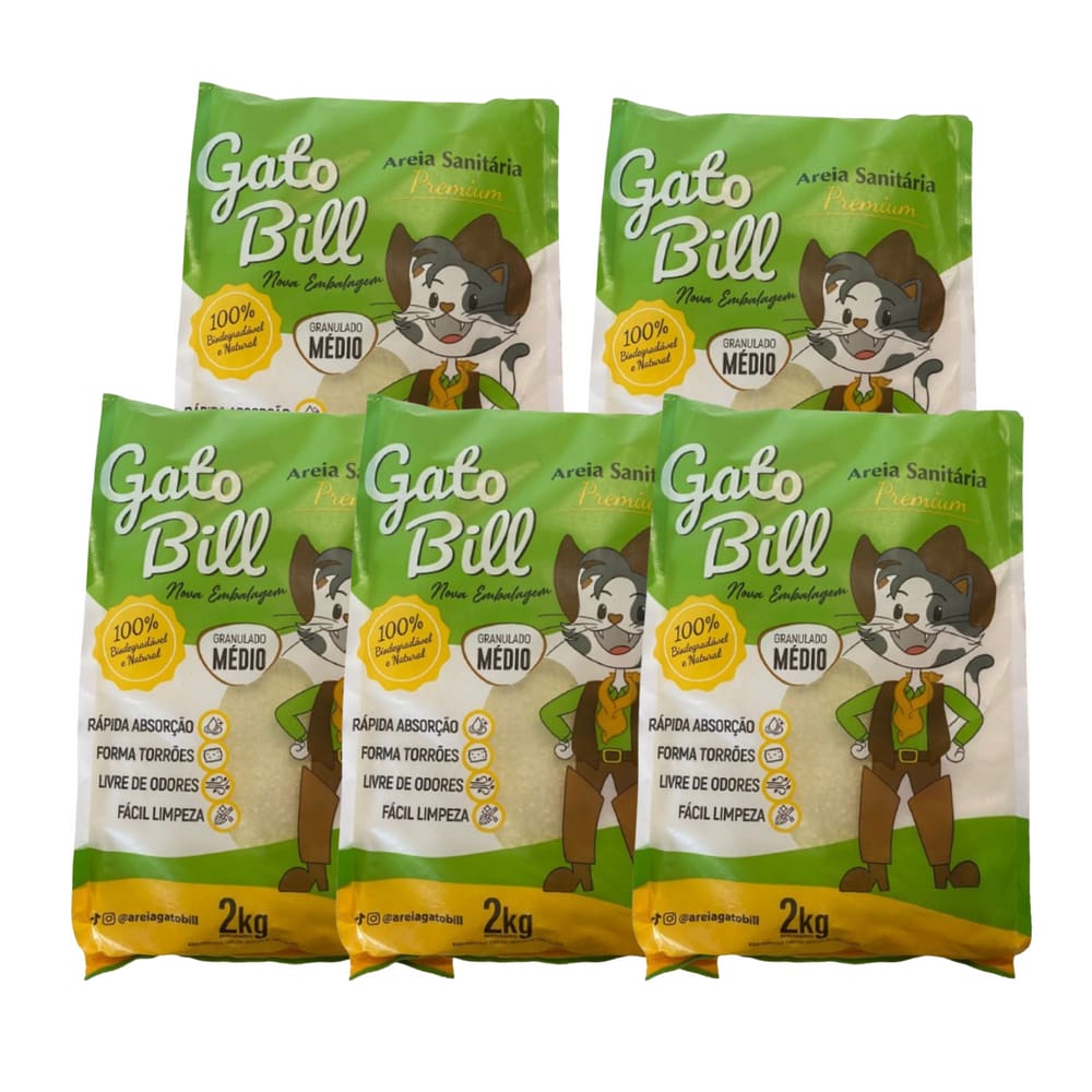 Kit 5 Areias Higienica Gato Bill Premium Grãos Médios Milho E Mandioca 10kg