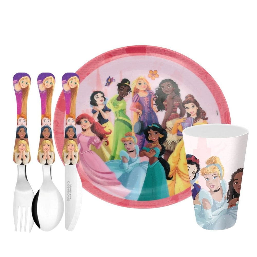 Jogo Refeição Infantil Princesas Disney 5 Peças Prato, Copo e Talheres