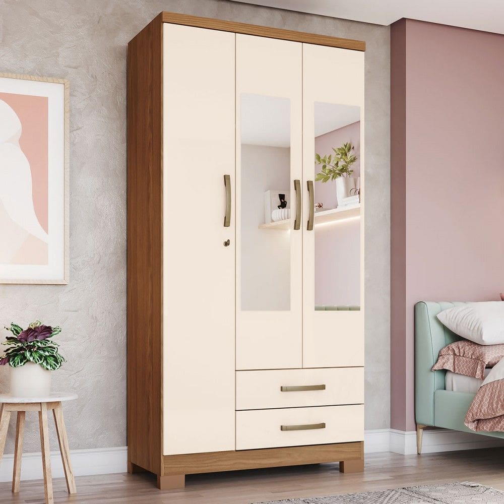 Guarda-Roupa Solteiro Açaí 3 Portas 2 Gavetas com Espelho Natural/ Off White - Henn