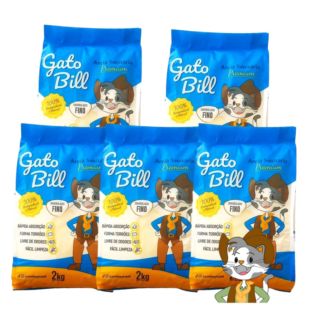 Kit 5 Areias Higiênica Para Gatos - Gato Bill Premium Milho E Mandioca - 10kg - Fina