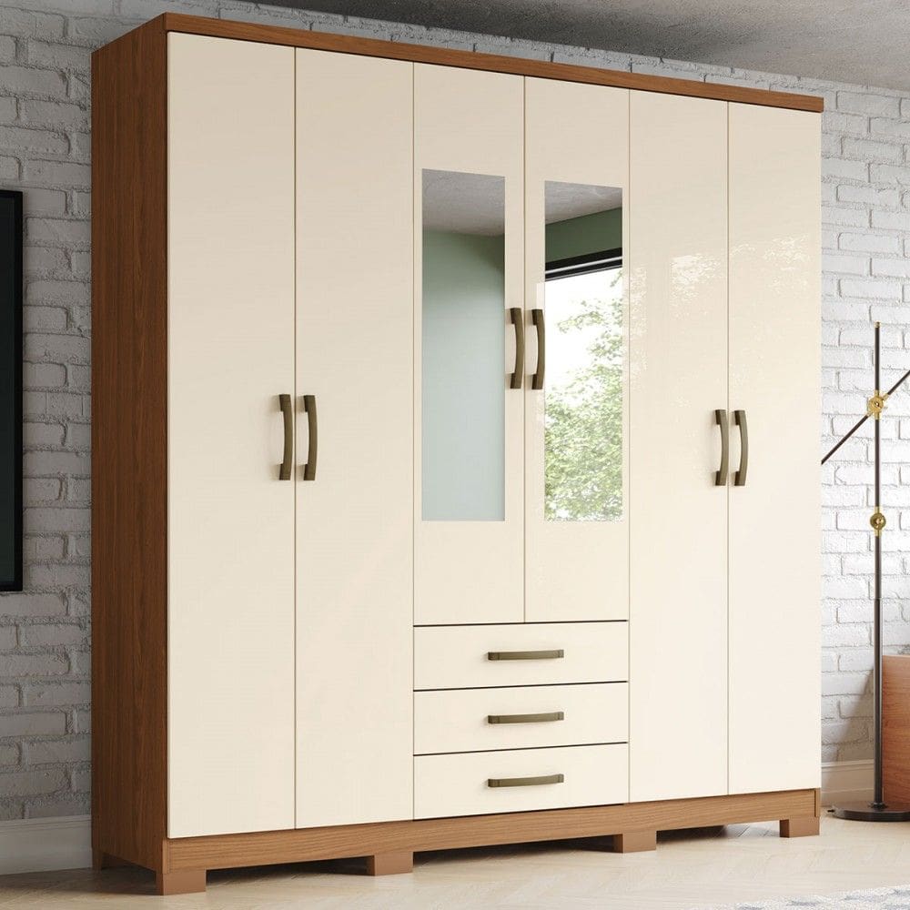 Guarda-Roupa Solteiro Caju 6 Portas 3 Gavetas com Espelho Natural/ Off White - Henn