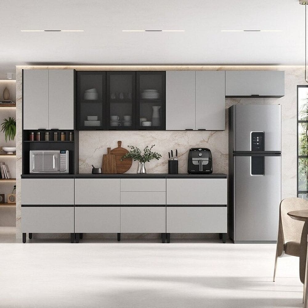Cozinha Modulada 6 Peças 11 Portas 6 Gavetas Mdf Dodradiça Slow Motion Lúmina Itatiaia Grafite/cinza Grafite/Cinza