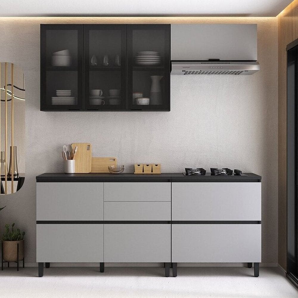 Cozinha Modulada 4 Peças 6 Portas 5 Gavetas Mdf Dodradiça Slow Motion Lúmina Itatiaia Grafite/Cinza