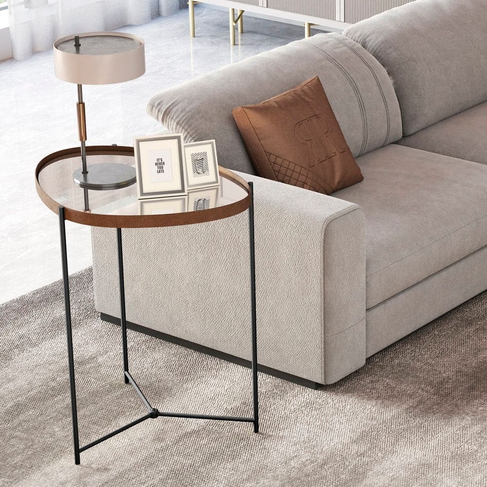 Mesa Lateral com Borda em Couro Sintético com Espelho e Pés em Ferro Castanho/Preto