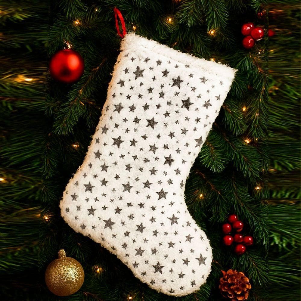 Bota Meia Pelúcida Pendente Enfeite Natalino Estrelas 32cm Prata