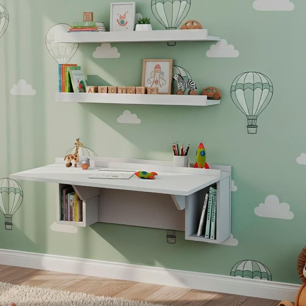 Conjunto Mesa Dobrável com Nichos e 2 Prateleiras Aba Branco