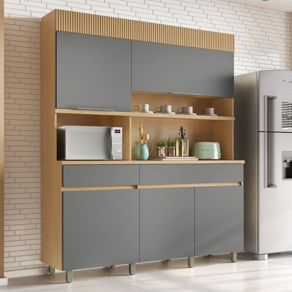 Armário de Cozinha 5 Portas 2 Gavetas 160cm 100% Mdf Realeza Carvalho/Titânio