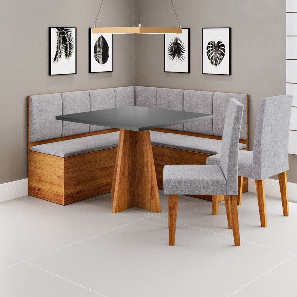 Conjunto Canto Alemão Baú com Mesa 90x90cm sem Vidro e 2 Cadeiras Bariloche Mel/Cinza/Nanquim