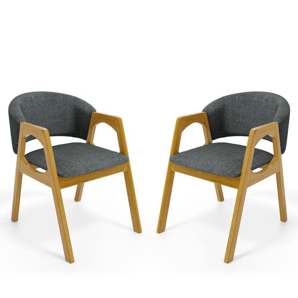 Kit Com 2 Cadeiras Agatha Madeira Maciça Estofada Para Mesa De Jantar Linho Chumbo 406