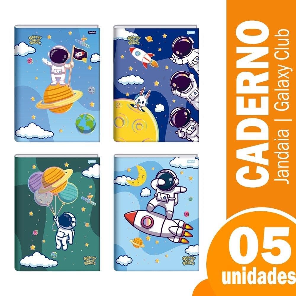 Caderno Costurado Jandaia Universitário - Capa Dura Galaxy Club Space 80 Folhas - Embalagem com 5 Unidades