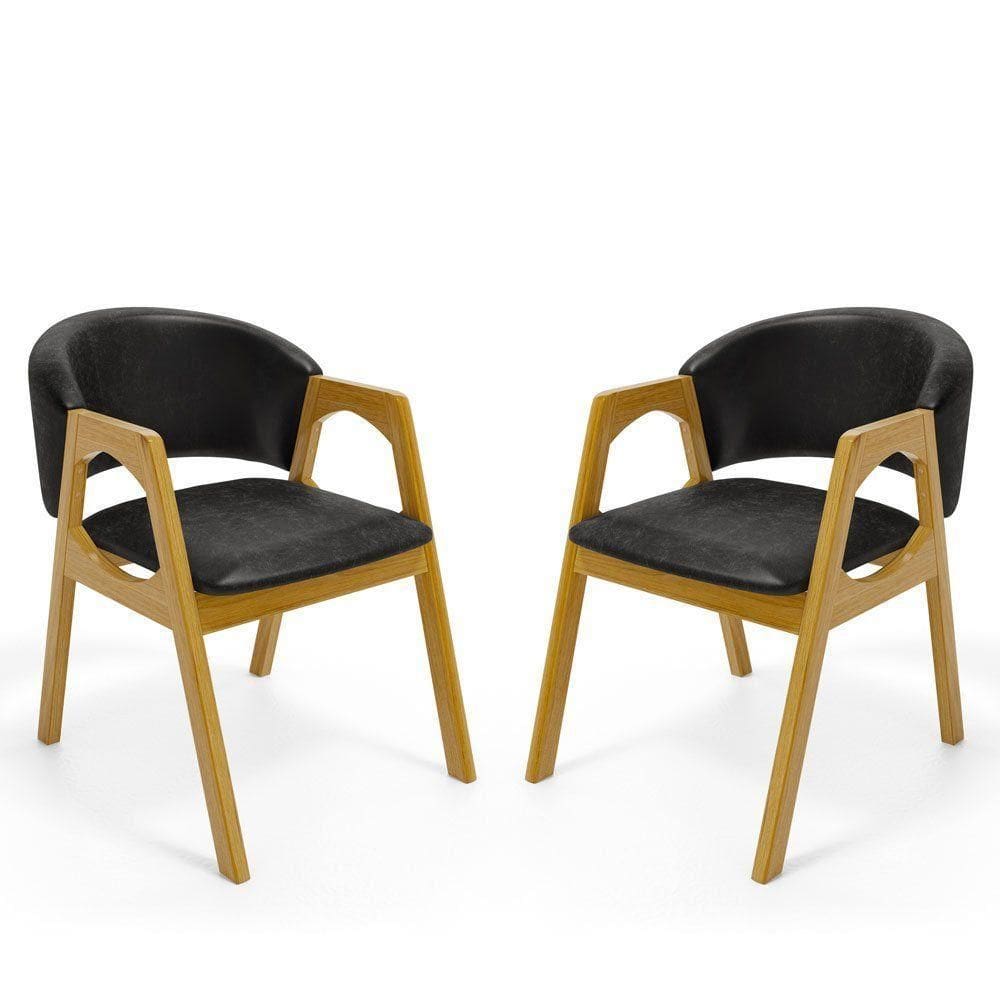 Kit Com 2 Cadeiras Agatha Madeira Maciça Estofada Para Mesa De Jantar Courino Preto 503