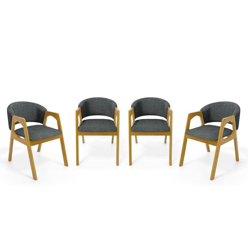 Kit Com 4 Cadeiras Agatha Madeira Maciça Estofada Para Mesa De Jantar Linho Chumbo 406
