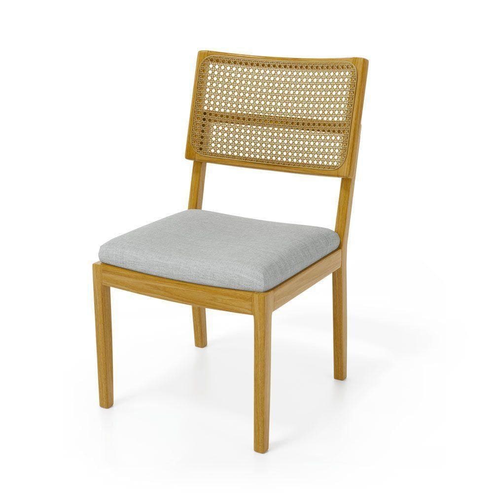 Cadeira Milena Madeira Maciça Assento Estofado Encosto De Tela Palha Sextavada Linho Cinza 407