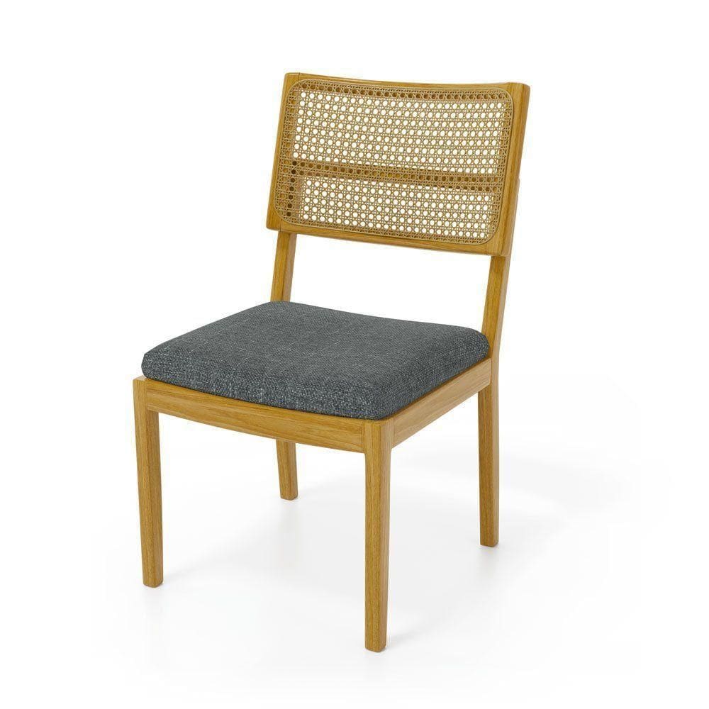 Cadeira Milena Madeira Maciça Assento Estofado Encosto De Tela Palha Sextavada Linho Chumbo 406