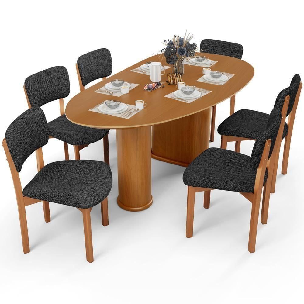 Mesa Para Sala De Jantar Ourense Com 06 Cadeiras Sala De Jantar Dara L02 Linho Chumbo - Lyam Decor