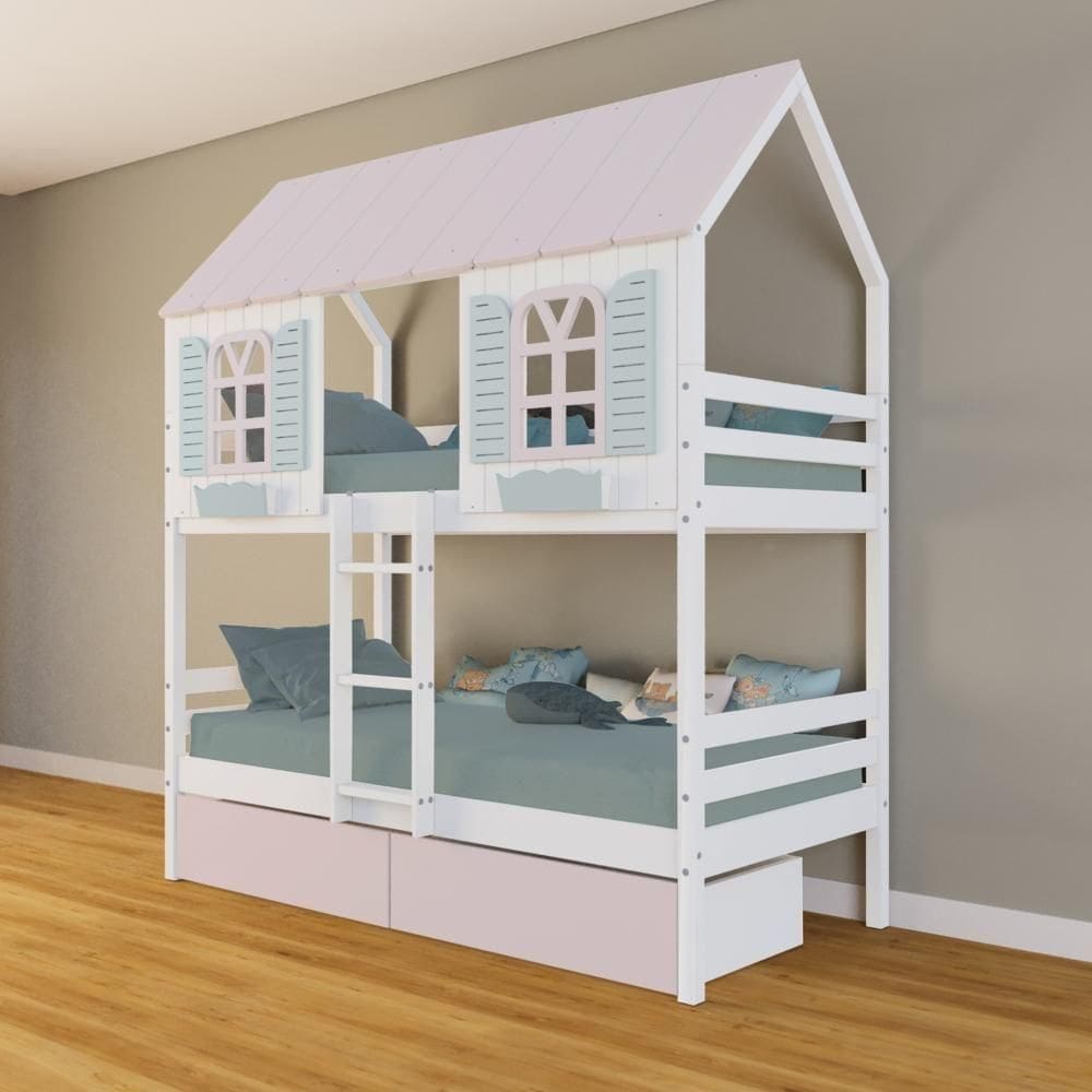 Beliche Casinha Bela Com 2 Gavetas Rosa - Madeira Maciça Branco/rosa/verde