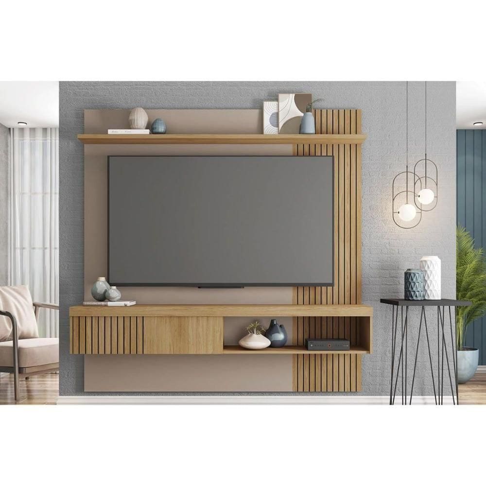 Rack Bancada C/ Painel P/ Tv Até 65 Pol Jade Ripada 180x183cm Buriti/fendi - Caemmun