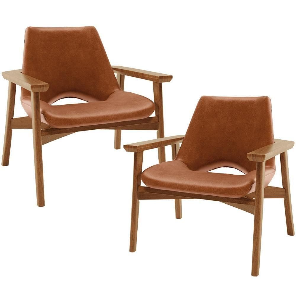 Kit 02 Poltronas Decorativa Living Base Madeira Becker L02 Courísimo Camel