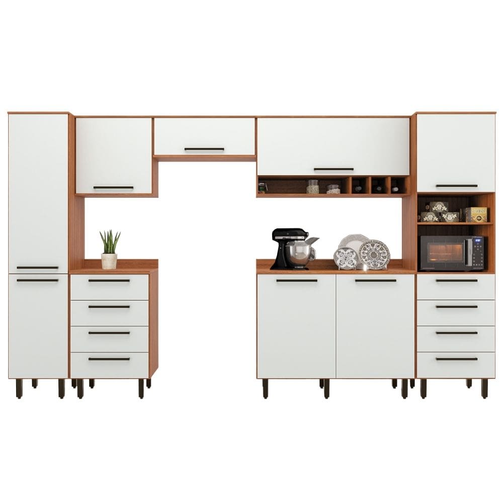 Armário De Cozinha Completa 8 Portas 8 Gavetas Grécia Madeirado/Off White