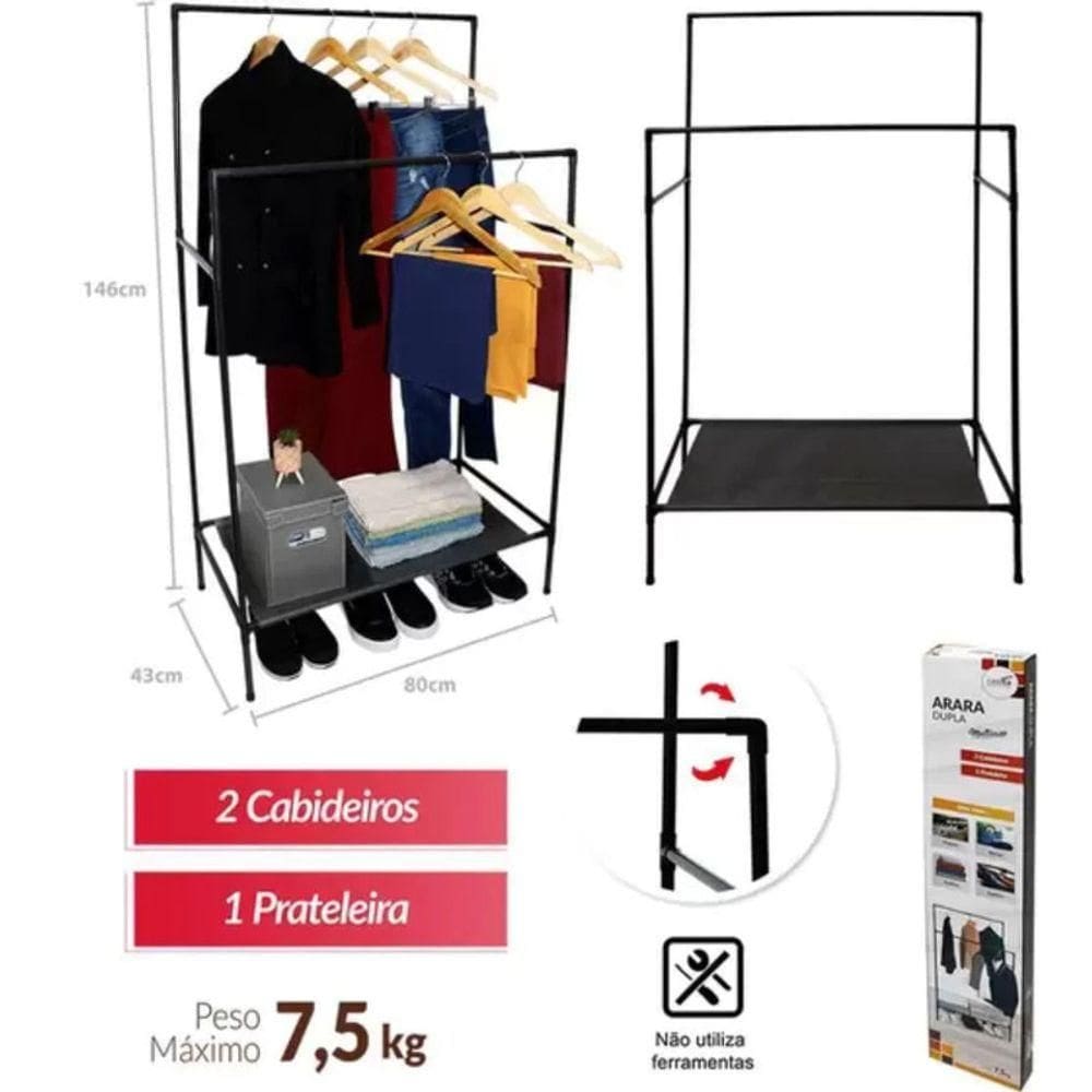 Arara Dupla Desmontável Multiuso Cabideiro Sapateira Reguláv