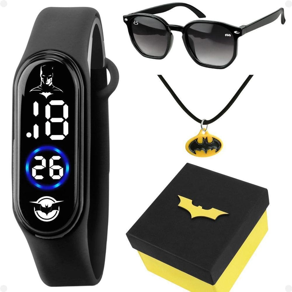 Relogio Digital Infantil Batman + Oculos Sol + Colar + Caixa