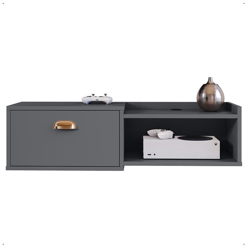 Rack Suspenso TV Smart 32” Bancada Canadá 1 Porta Puxador Concha Nicho Decoração Sala Quarto Cinza – Lojas RPM