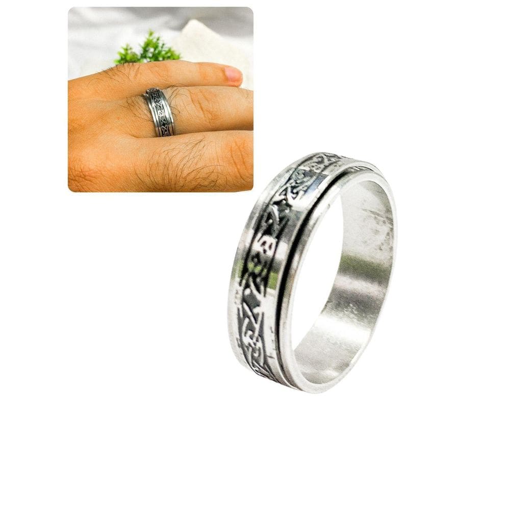 Anel Dedeira 7Mm Masculino Prateado Preto Desenhos Runas