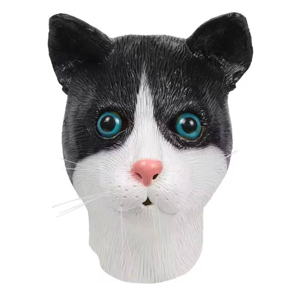 Máscara Látex Gato Frajola Preto Branco Olho Azul Halloween