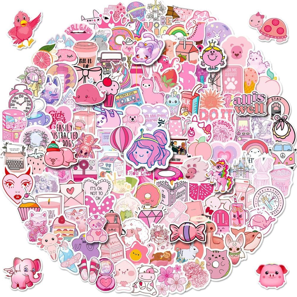 Pacote de adesivos Mix And Match Pink Anime, vinil impermeável, 200 unidades