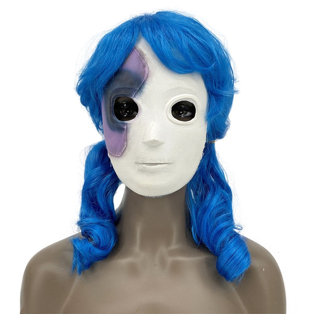 Máscara Sallys FacesHeadgear Latex para rosto inteiro com cabelo azul Cos
