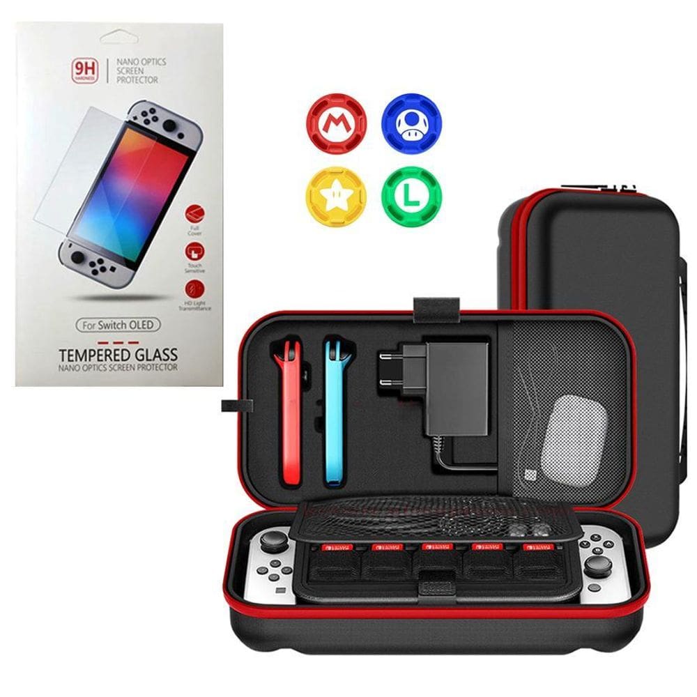 Kit Case Nintendo Switch Oled Espaçosa + Película + Grips