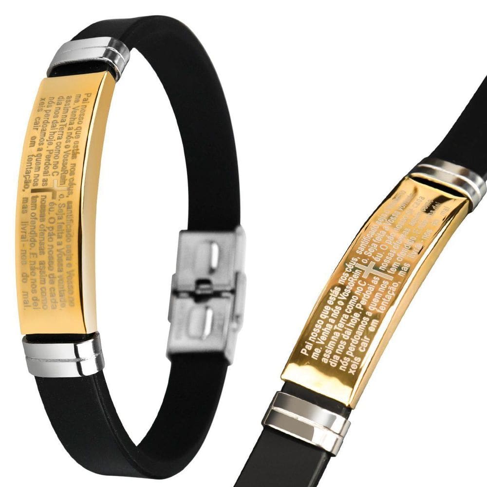 Pulseira Ouro Pai Nosso Banhada Dourada Silicone Masculina