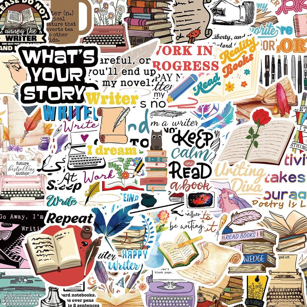 Adesivos Retros Writers Readings, vinil impermeável, 50 unidades