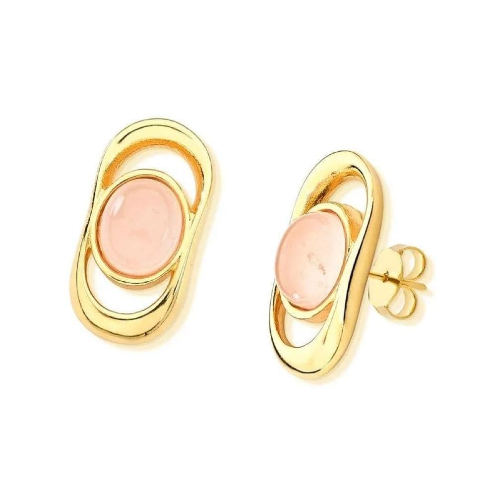 Brinco Moderno Quartzo Rosa Dourado Semijoia Lizzy Fatin