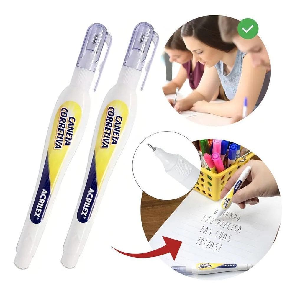 2X Caneta Corretiva Escolar Escritório Branquinho Corretivo