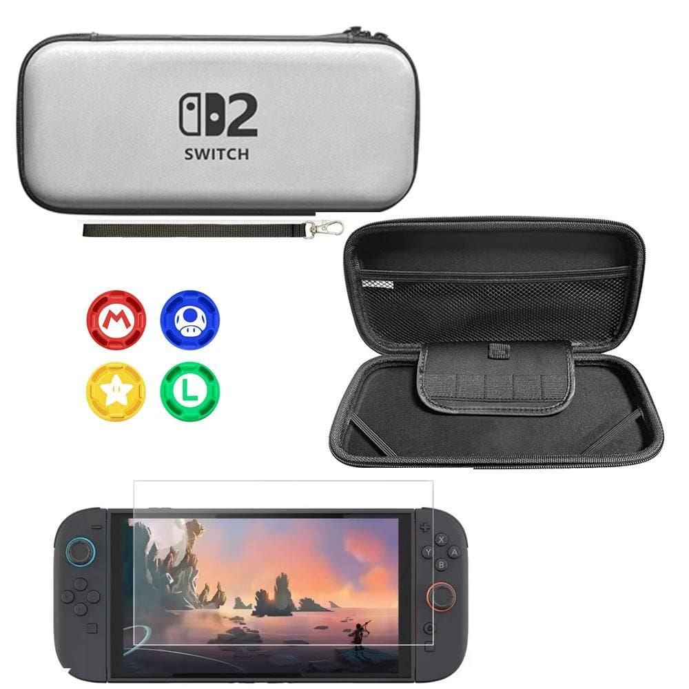 Kit Case Nintendo Switch 2 Prata + Película Vidro + 4 Grips