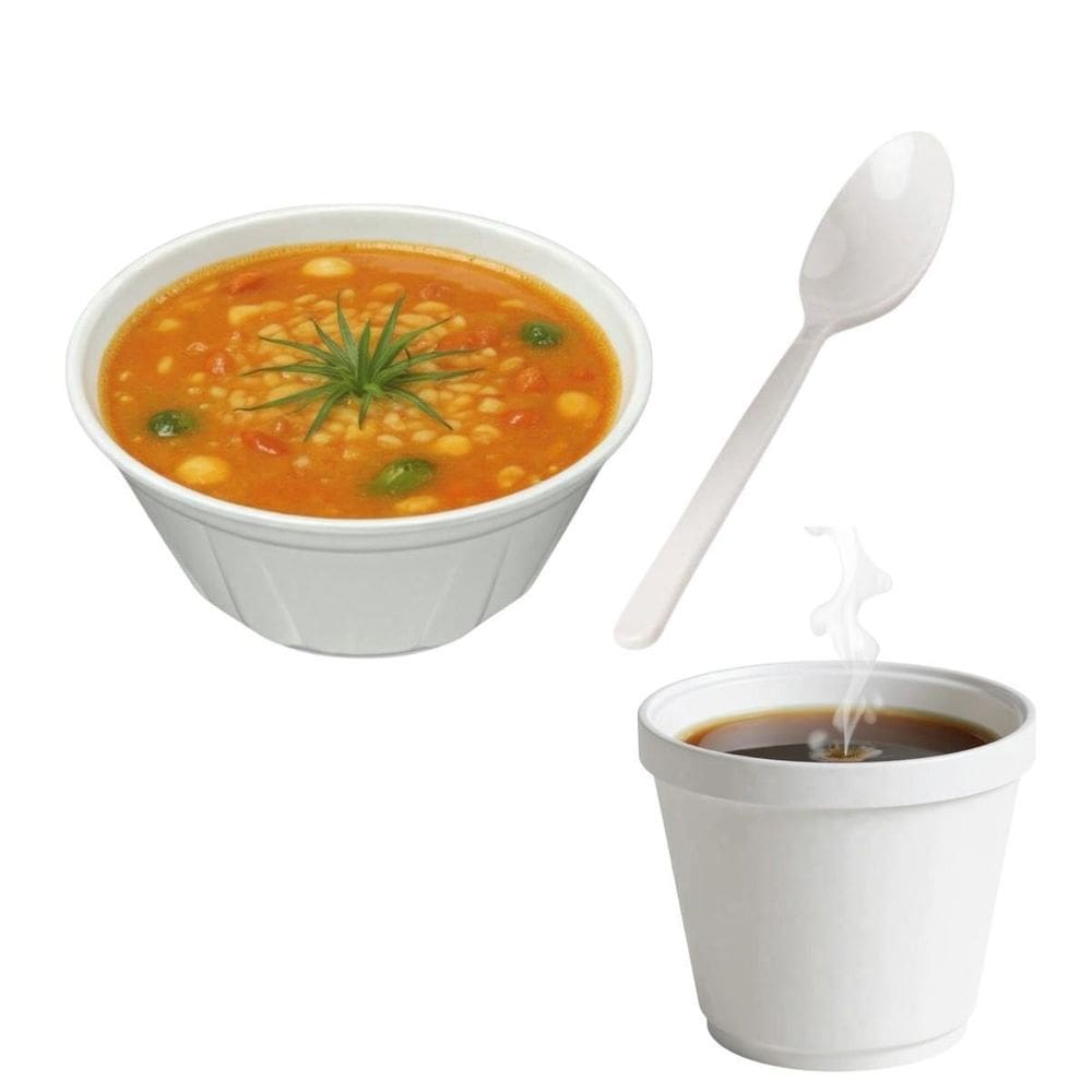 Kit Descartáveis 100 Cumbucas Isopor +Colheres+Copos Isopor