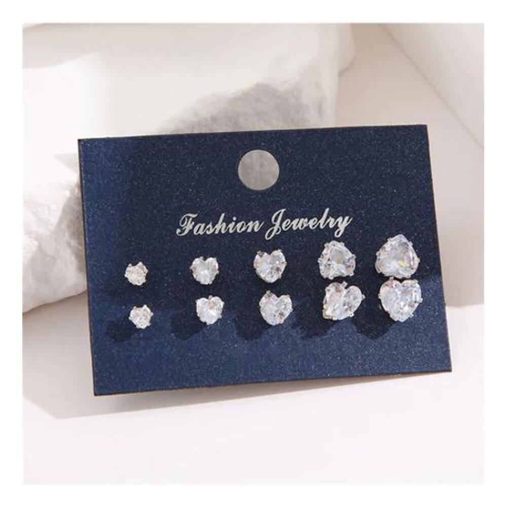 Brinco Pedra Zirconia Coração Prata 3 4 5 7 E 8 Mm - 5 Pares
