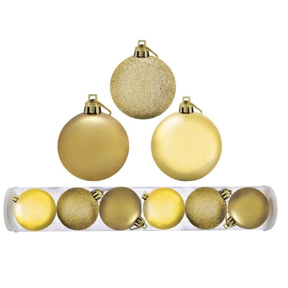 Conjunto 6 Bolas de Natal Dourada Tradicional Misto Glitter, Brilho e Fosca 6cm Prime