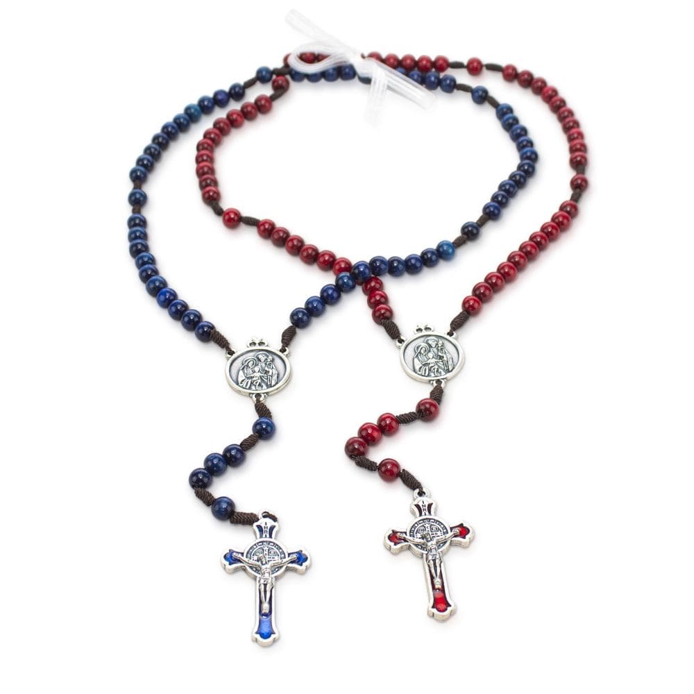 Terço Do Casal Sagrada Familia Madeira Vermelho E Azul 8Mm