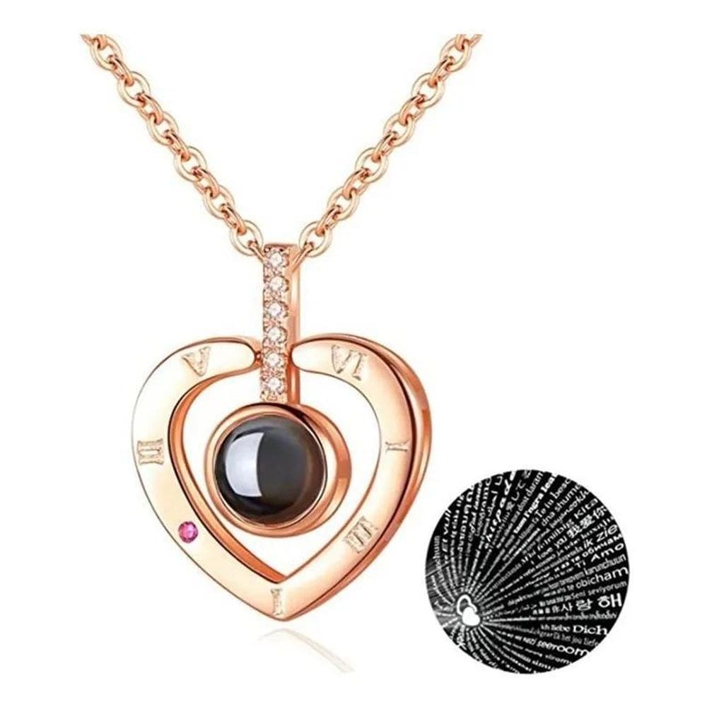 2X Colar De Coração Eu Te Amo Projeção 100 Idiomas Rose Gold