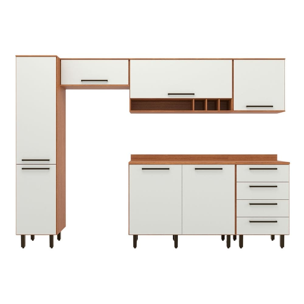 Armário De Cozinha Completa 7 Portas 4 Gavetas Grécia Madeirado/Off White