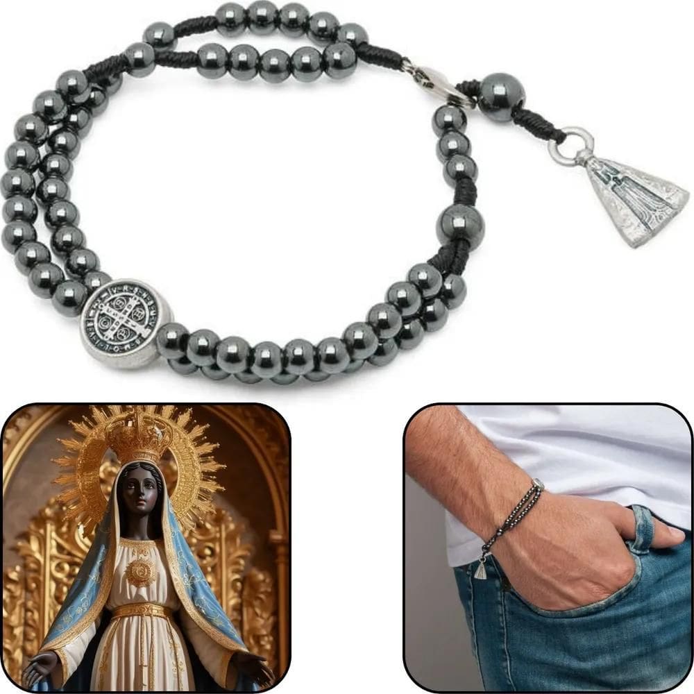 2X Pulseira Terço Hematita Nossa Senhora Aparecida São Bento