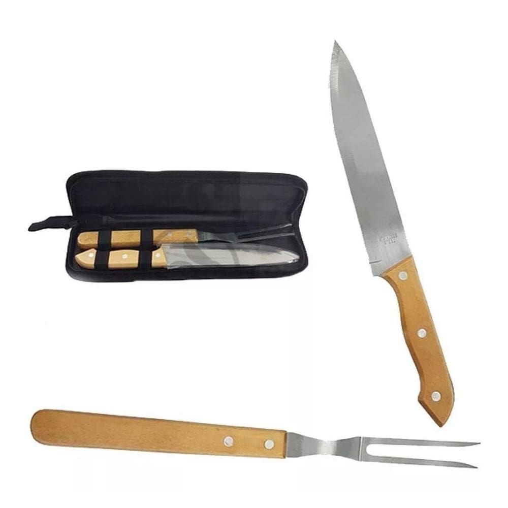 Kit Churrasco Garfo e Faca Cabo De Madeira para Corte Carne Churras - 2 Peças com Estojo de Nylon - PANAMI