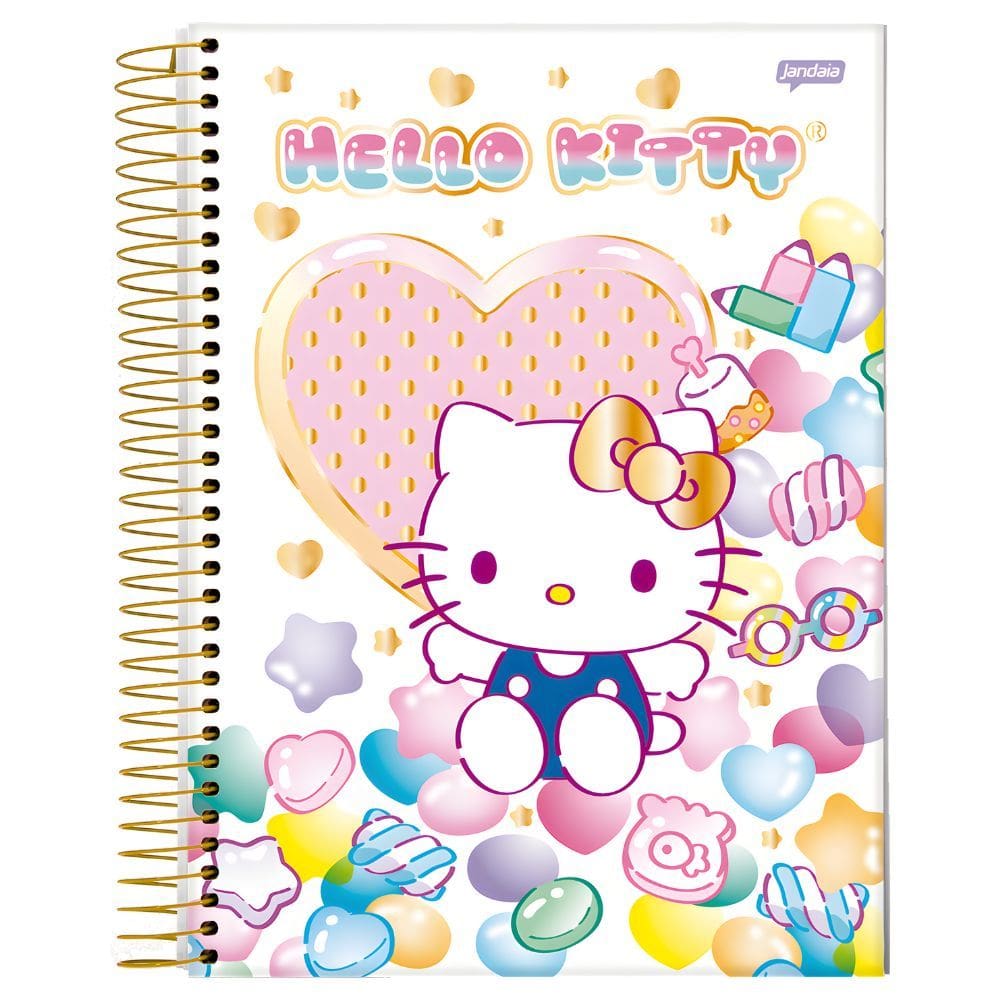 Caderno Espiral Grande Hello Kitty 10 Matérias 160 Folhas Capa Dura Jandaia | Fofo | Papelaria Kawaii