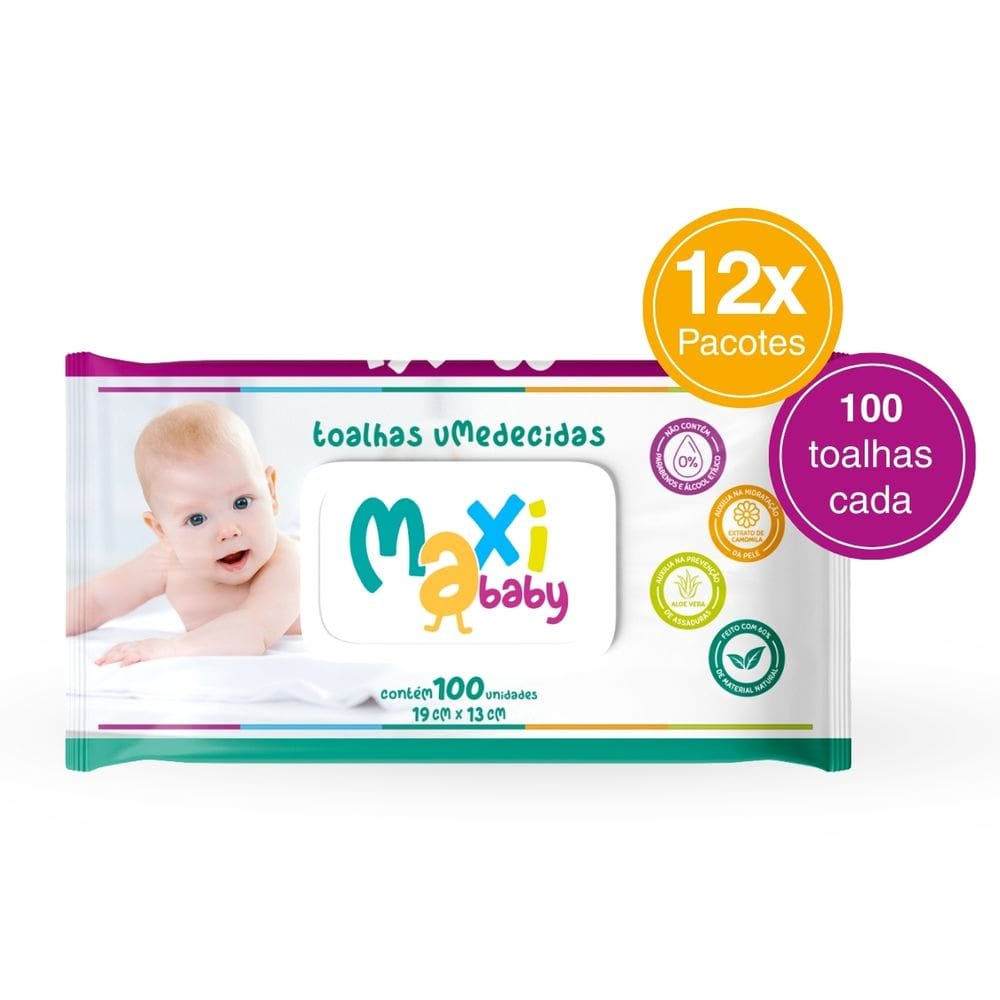 Kit 12 Toalhas Umedecida Hipoalergênico 100un Cada Maxi Baby