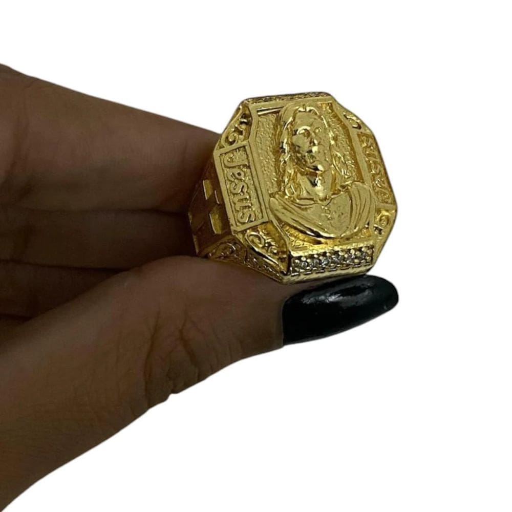 Anel Jesus Cristo Cruz - Banhado A Ouro 18K