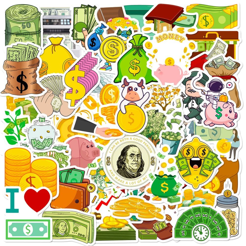 Pacote de adesivos, moedas de ouro, colares, dinheiro para laptop e muito mais