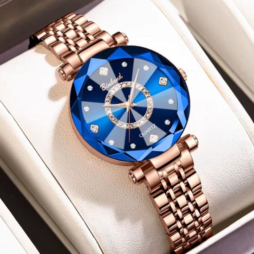Relógio Feminino Aço Inox Rosé Binbond Cristal Azul Quartzo